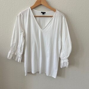 Ann Taylor White V-Neck Blouse with Ruffled Sleeves